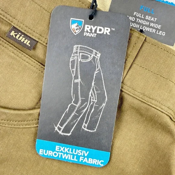KUHL Rydr Pants Size 38x30 Eurotwill Full Fit Mens Dark Khaki 5016, NWT